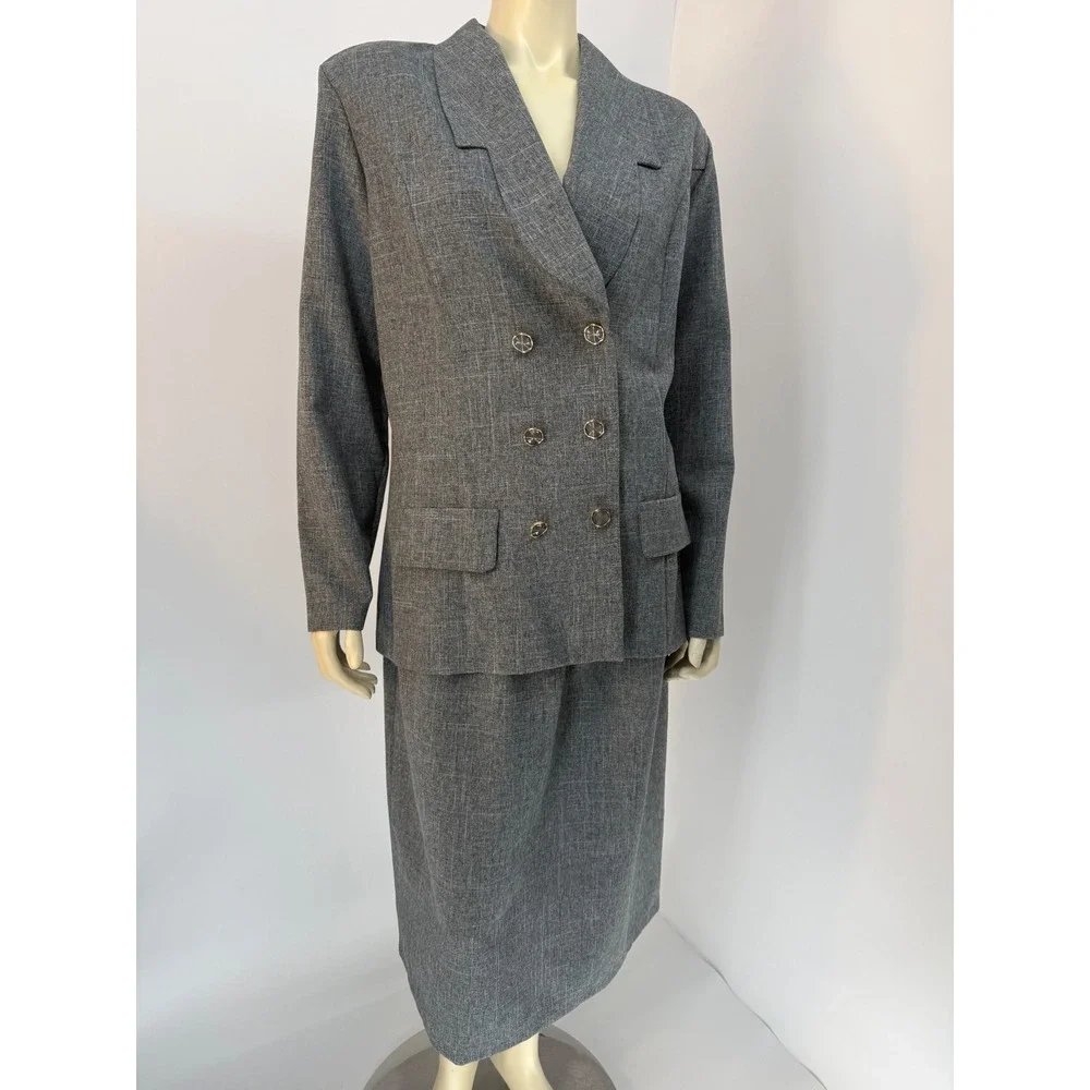 Vintage 80s Prelude Grey Skirt Suit Power Suit Size 16 Bold Shoulder Lightweight